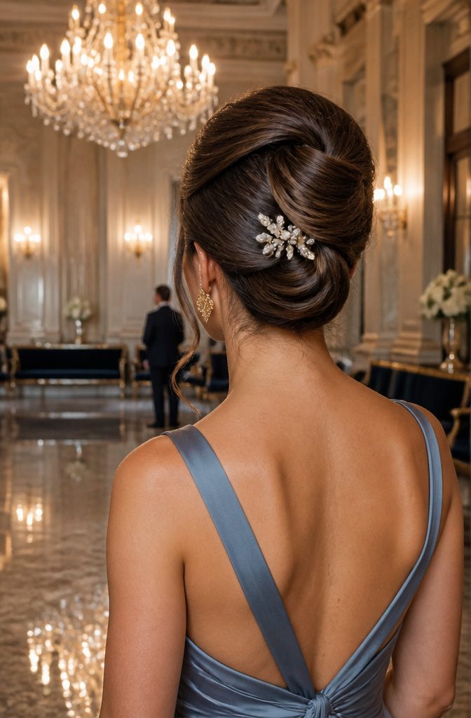 A model with a French twist hairstyle in a ballroom setting.