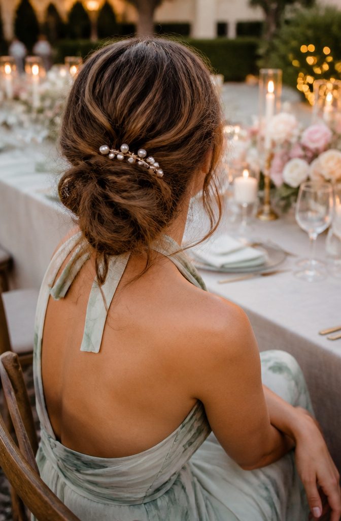 A hair accessory featuring pearls, complementing a hairstyle.