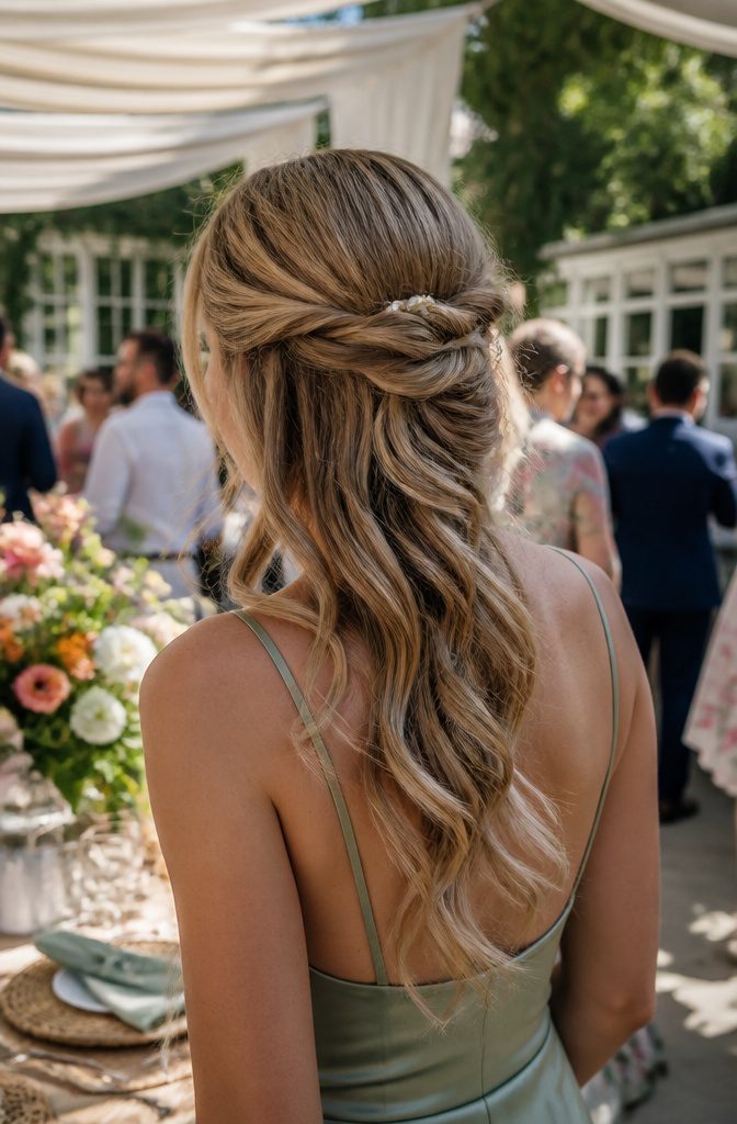 A model with a half-up, half-down hairstyle in a garden setting.