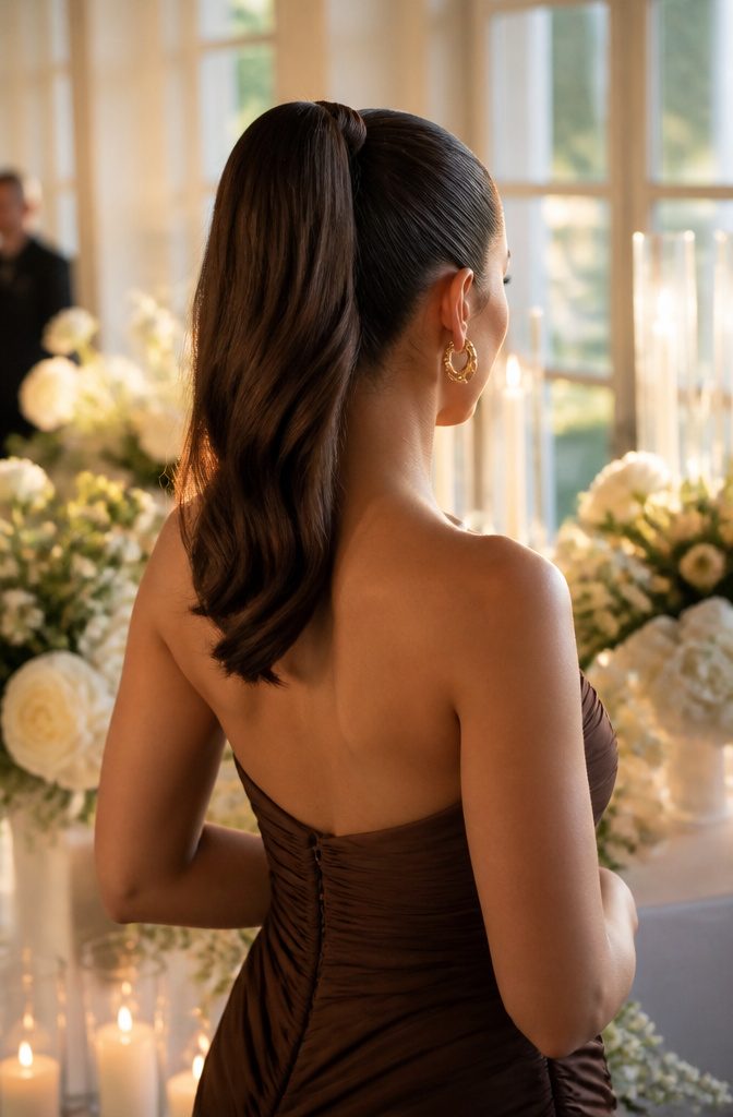 A model showcasing a high ponytail hairstyle at a wedding.
