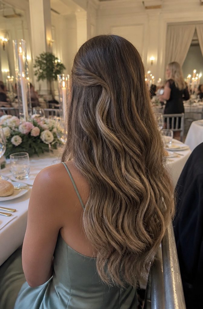 A model with long loose waves styled for a wedding.