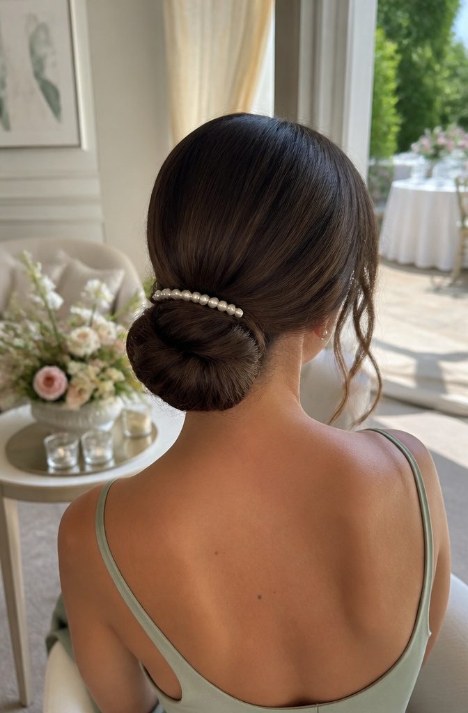 A model with a low bun hairstyle featuring loose tendrils.