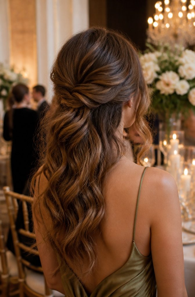 A model with romantic waves styled for a wedding guest appearance.