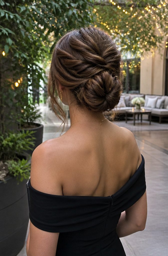 A model with a sculpted bun hairstyle set against a chic outdoor backdrop.