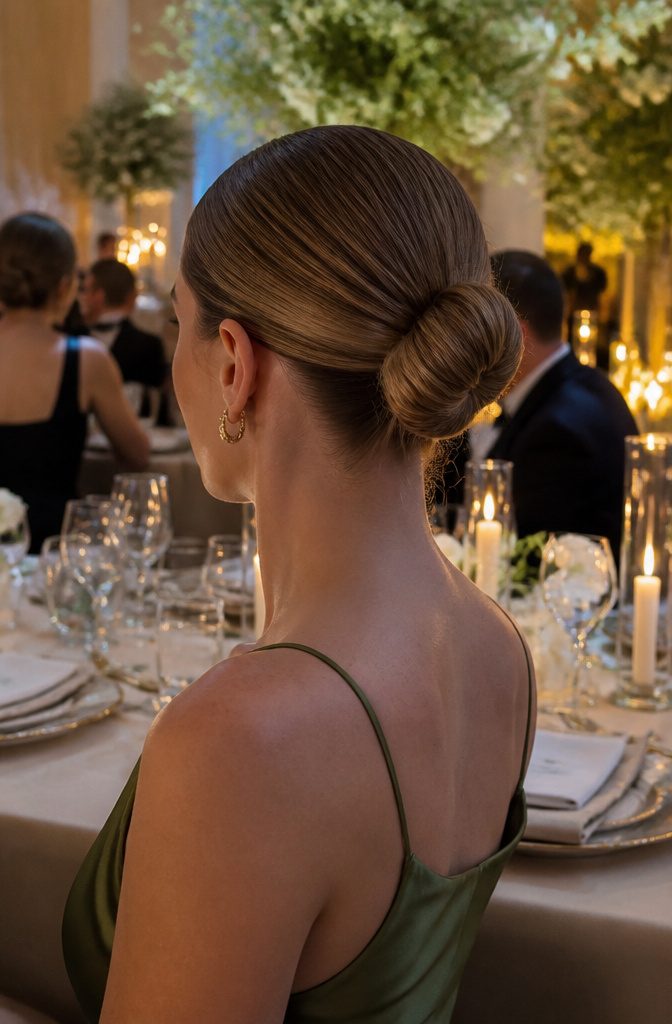 A model with a slicked-back bun hairstyle at a refined wedding.