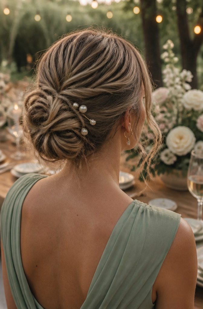 A model with a textured chignon in a serene outdoor setting.