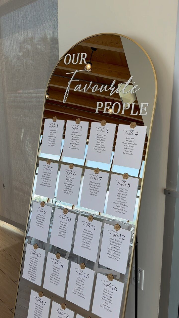 23 Indoor Wedding Decorations for Ceremony and Reception 15 An arched mirror displaying a wedding seating chart with white cards and gold accents.