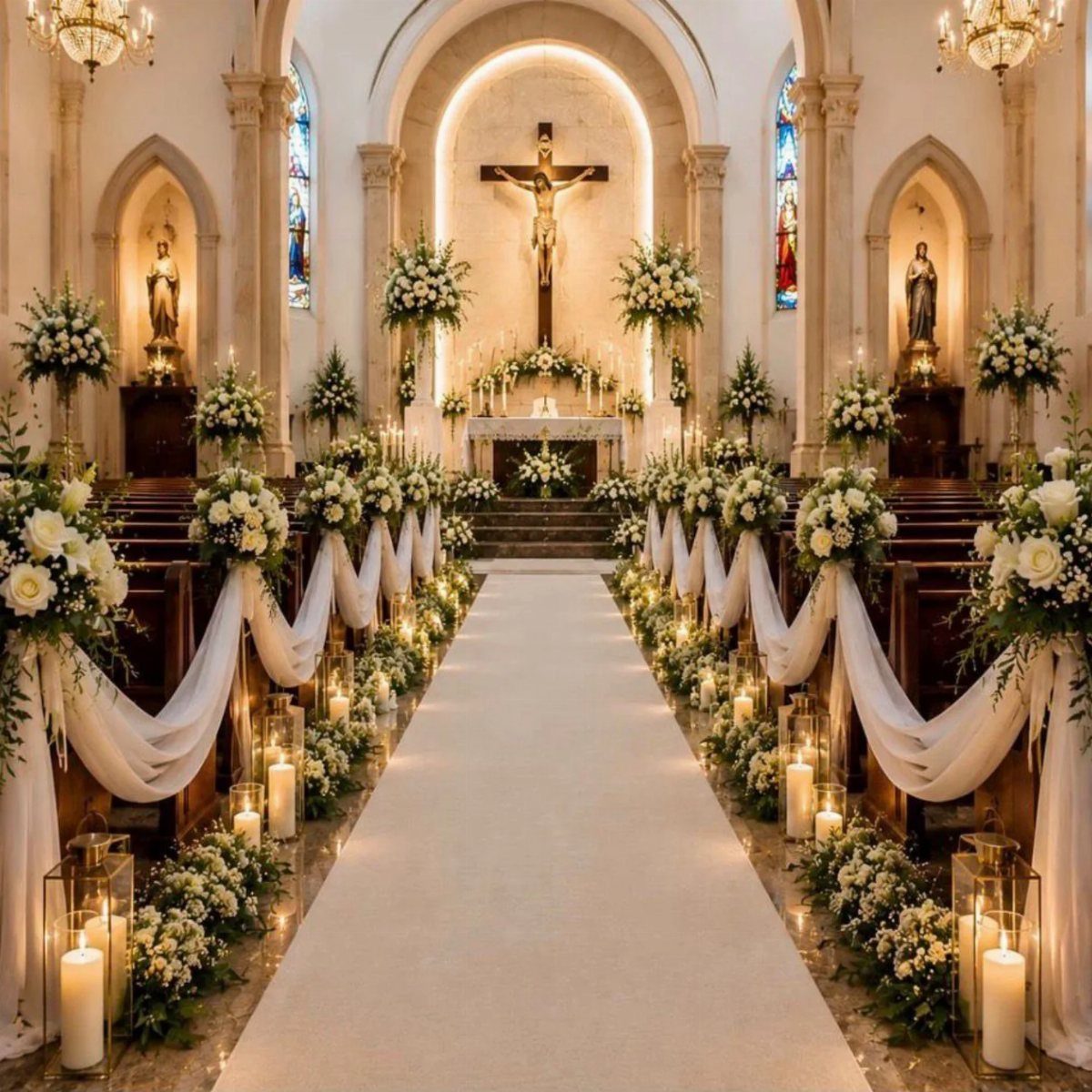 23 Indoor Wedding Decorations for Ceremony and Reception 7 A white wedding aisle lined with glowing candles, floral arrangements, and draped fabric in a church.