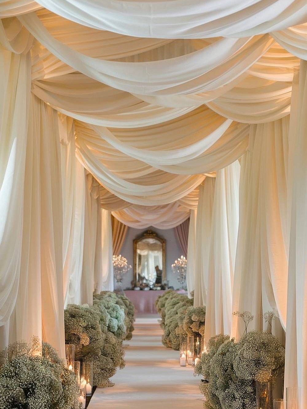 23 Indoor Wedding Decorations for Ceremony and Reception 19 Cream fabric drapes form a canopy over a white aisle lined with baby's breath flowers.