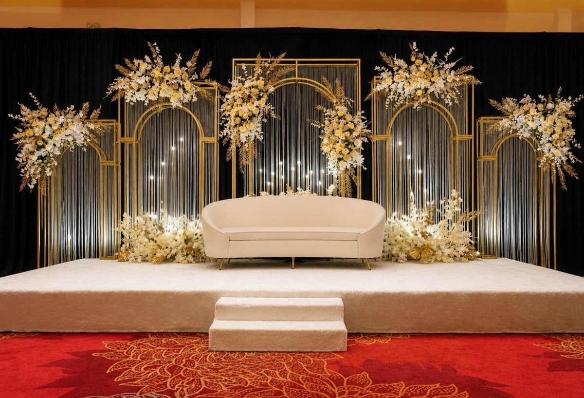23 Indoor Wedding Decorations for Ceremony and Reception 4 Gold geometric frames decorated with white flowers behind a cream sofa on a stage.