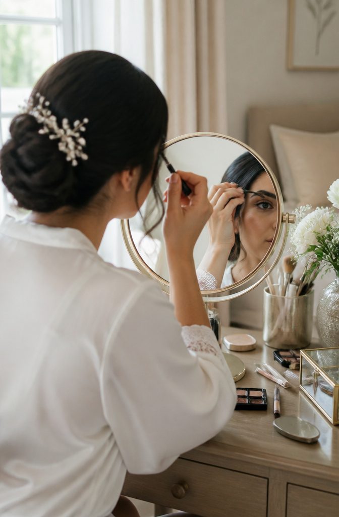 Lite Makeup Ideas for 2026: 10 Natural Looks to Try 5 Bride grooming her brows with a spoolie in a softly decorated makeup area.
