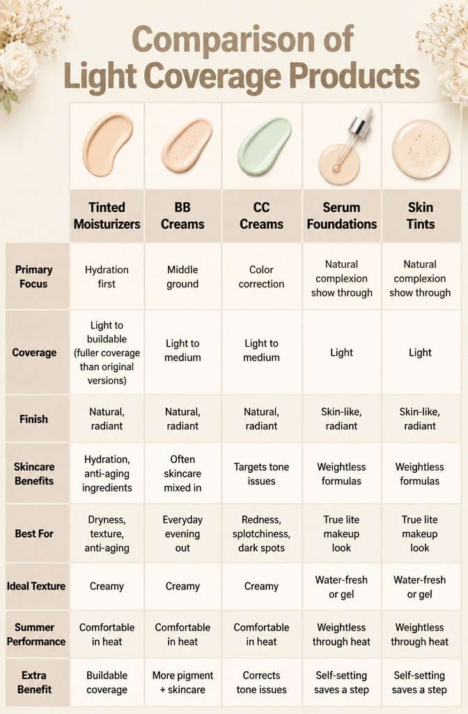 Lite Makeup Ideas for 2026: 10 Natural Looks to Try 13 Information image comparing tinted moisturizers, BB creams, and more.