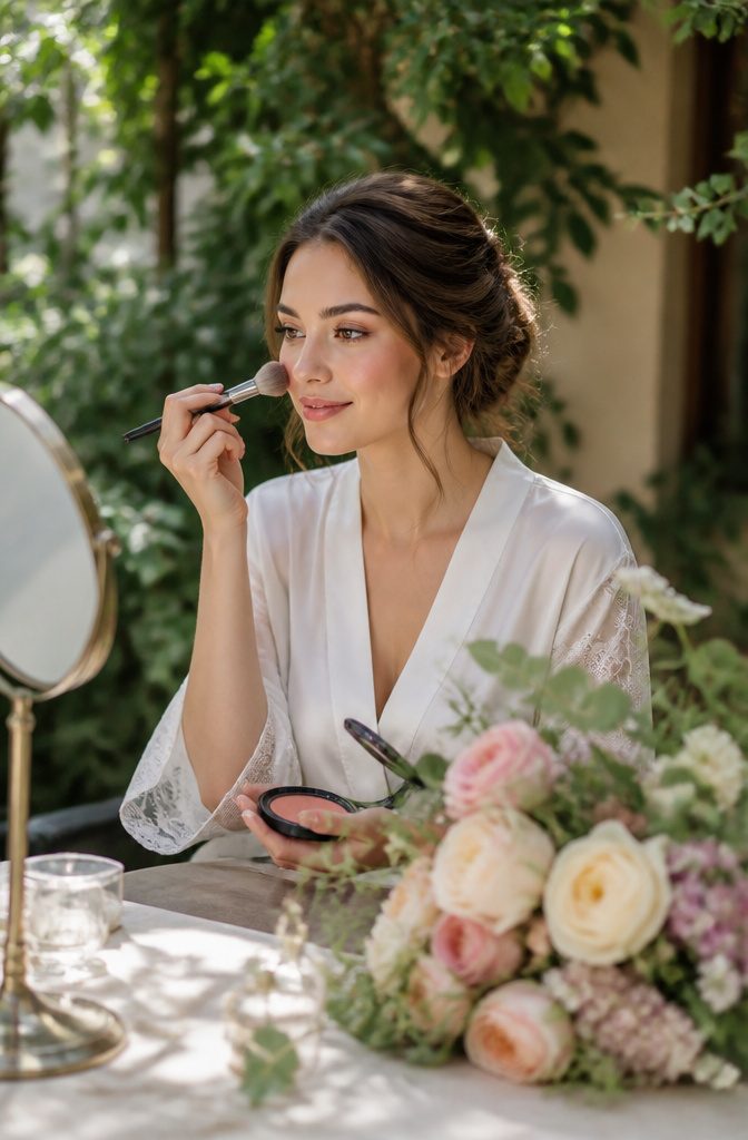 Lite Makeup Ideas for 2026: 10 Natural Looks to Try 2 Bride applying pink blush in an elegant garden setting.
