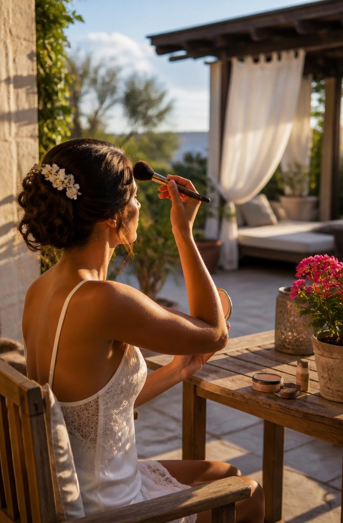 Lite Makeup Ideas for 2026: 10 Natural Looks to Try 4 Bride applying bronzer in soft golden hour light on an outdoor patio.