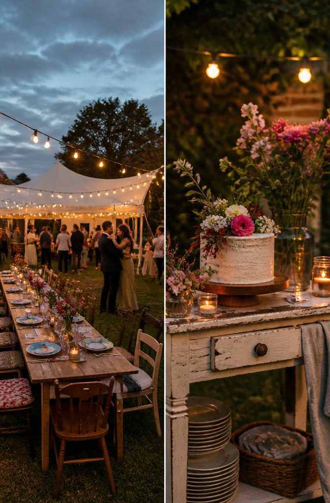 10 Little Wedding Ideas for a Small 2026 Celebration 2 A backyard with chairs and decorations for a small wedding event.