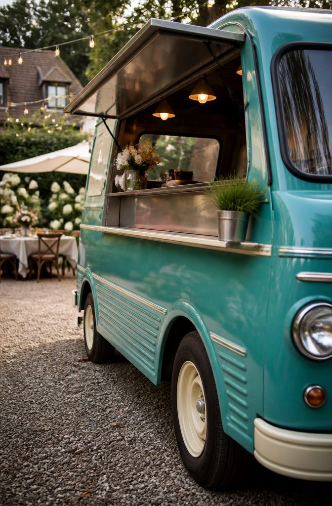 10 Little Wedding Ideas for a Small 2026 Celebration 5 Food trucks serving meals at an outdoor wedding reception.