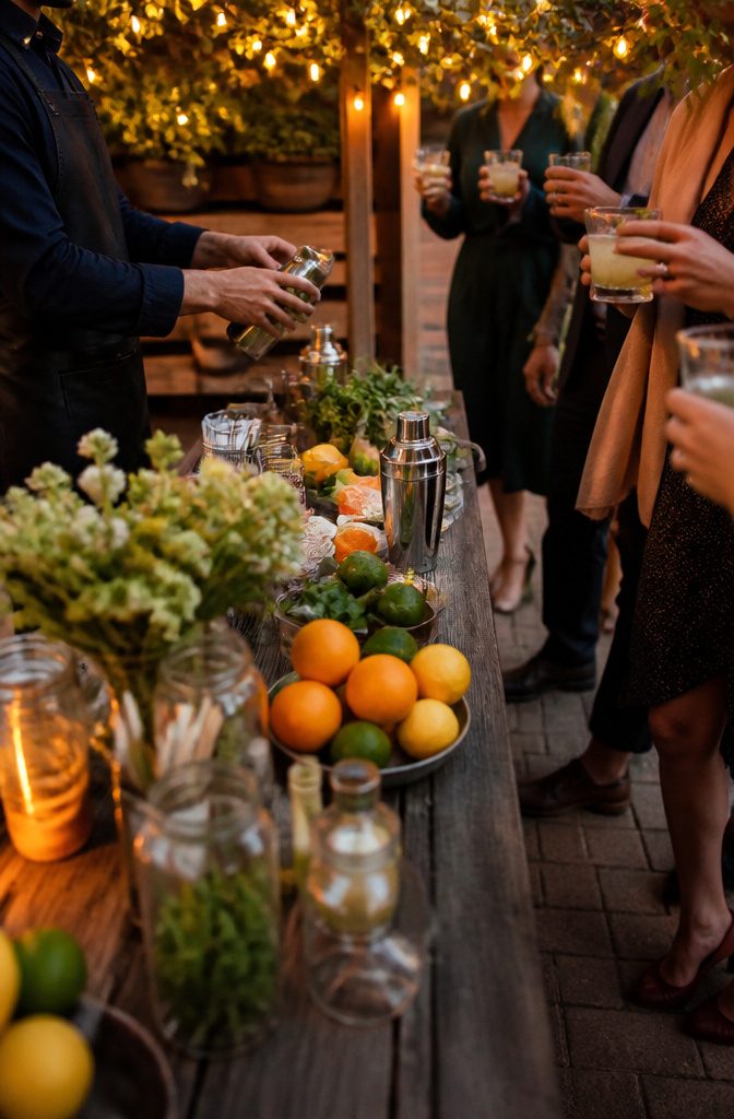 10 Little Wedding Ideas for a Small 2026 Celebration 6 An interactive cocktail station with guests engaged in mixology.