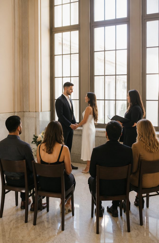 10 Little Wedding Ideas for a Small 2026 Celebration 8 A couple at a courthouse surrounded by a few witnesses during their vows.