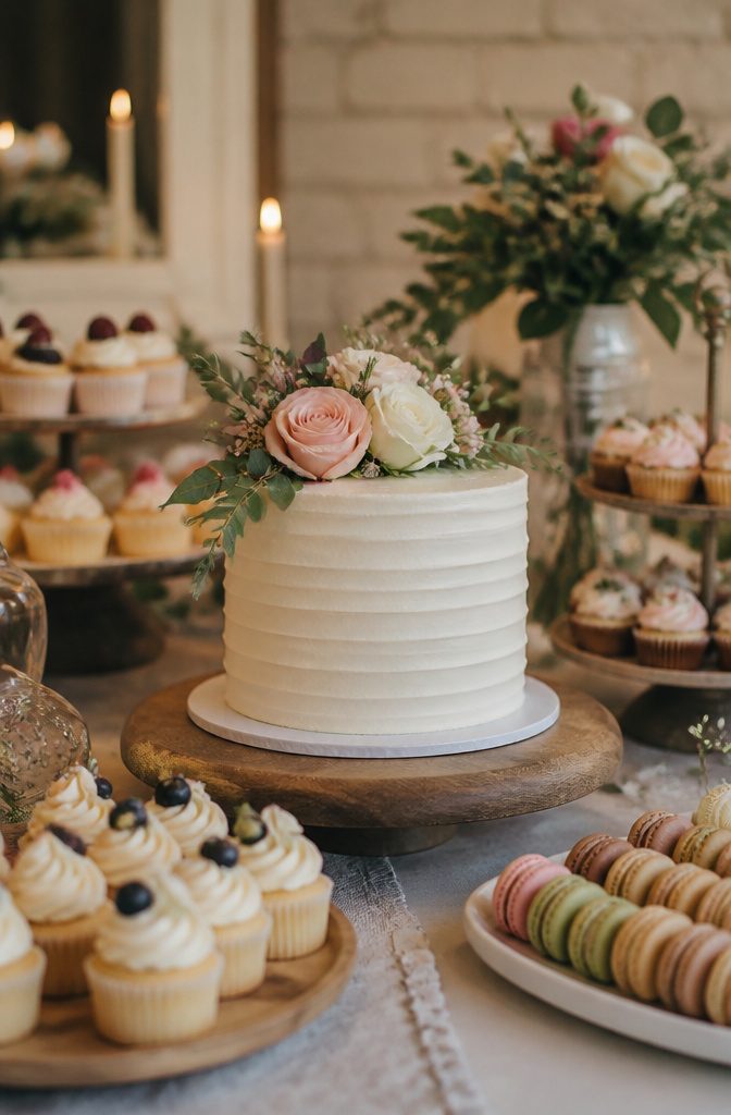 10 Little Wedding Ideas for a Small 2026 Celebration 10 A wedding cake and assorted cupcakes displayed on a table.