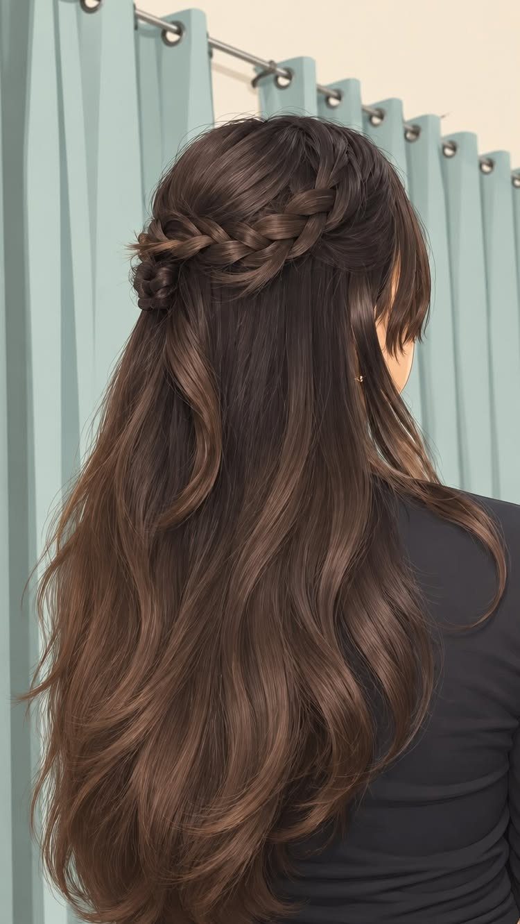 Long Hair Half Up for Wedding: 10 Styles That Work 3 Long wavy brown hair styled in a half-updo with thick braids pinned at the back.