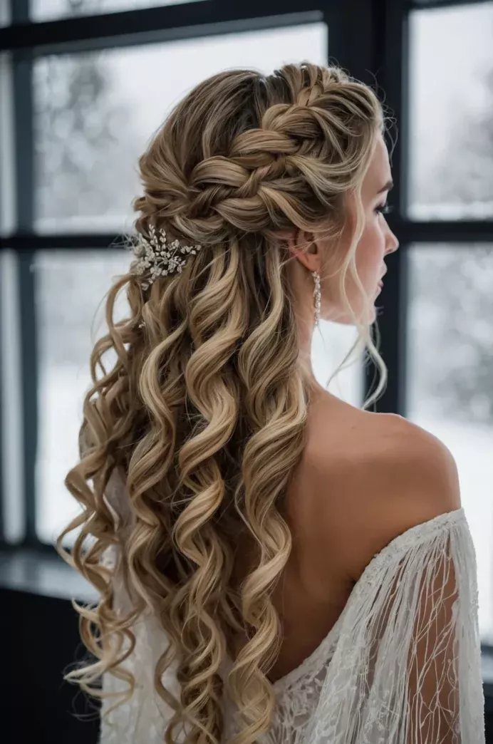 Long Hair Half Up for Wedding: 10 Styles That Work 9 Woman with long blonde hair styled in a crown braid and voluminous curls.