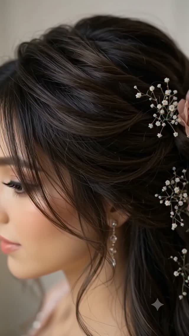 Long Hair Half Up for Wedding: 10 Styles That Work 4 Woman with dark wavy hair adorned with small white baby's breath flowers.