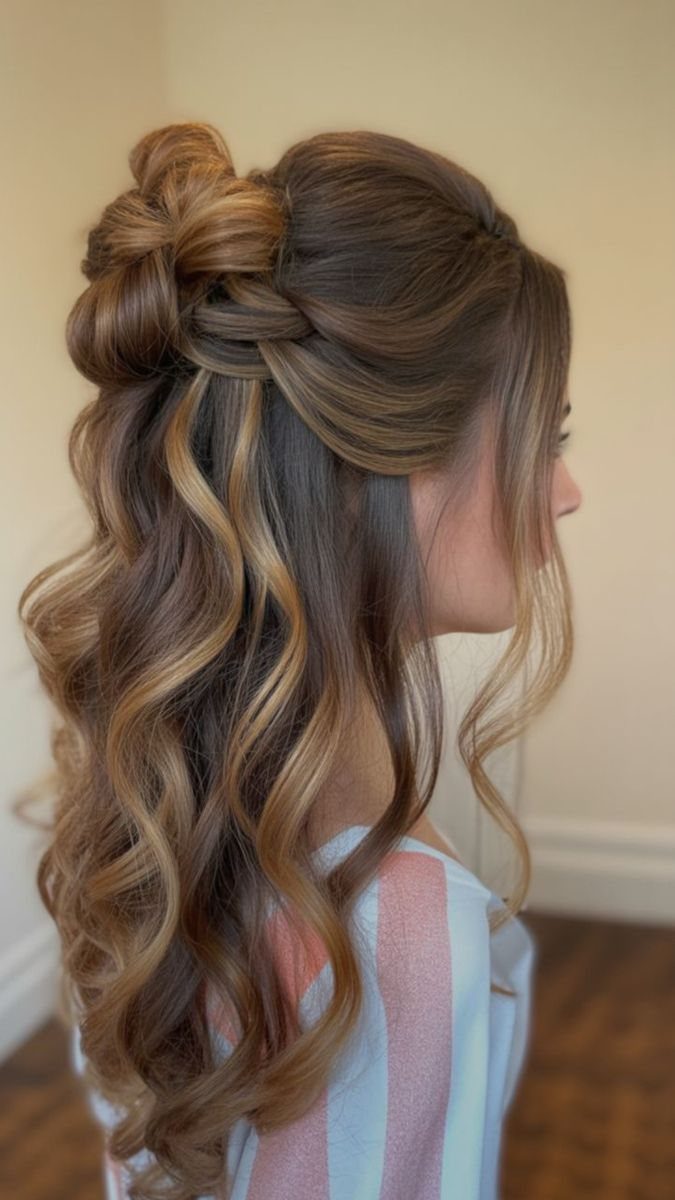 Long Hair Half Up for Wedding: 10 Styles That Work 8 Woman with long wavy hair styled in a half-updo with a twisted bun.