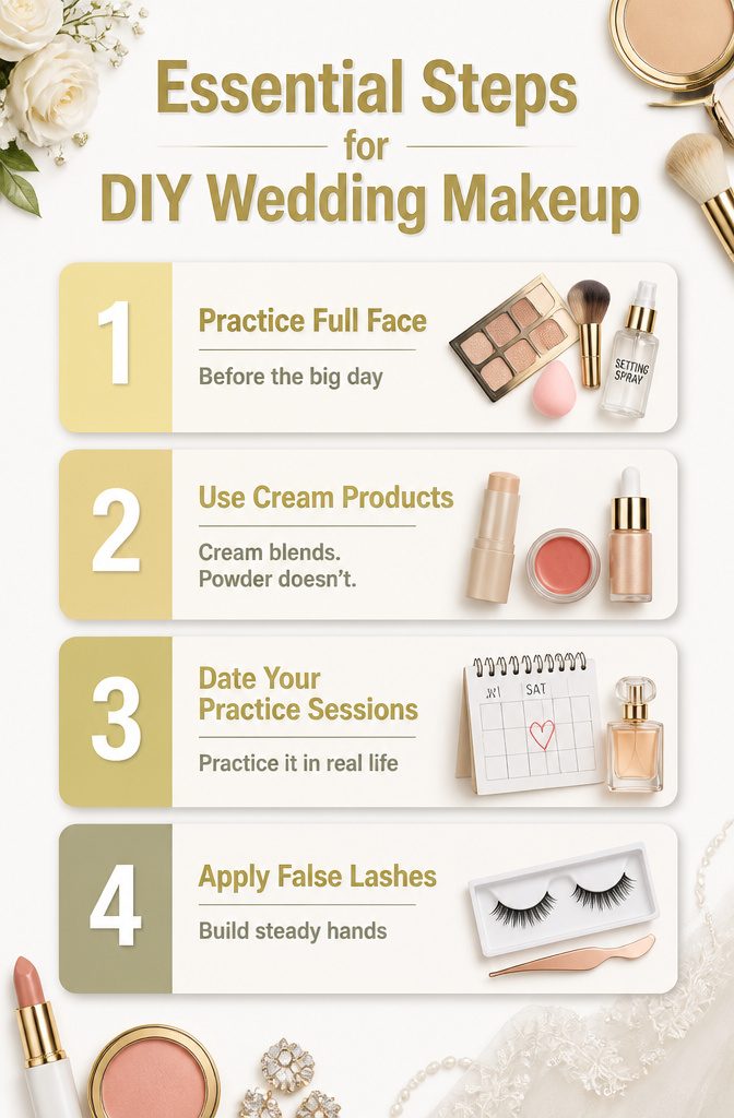 Wedding Makeup: A 10-Step Guide to Your Bridal Look 12 Essential steps for DIY wedding makeup displayed in an informative image.