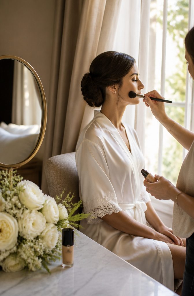 Wedding Makeup: A 10-Step Guide to Your Bridal Look 3 A model being painted with foundation in a softly lit bridal suite.