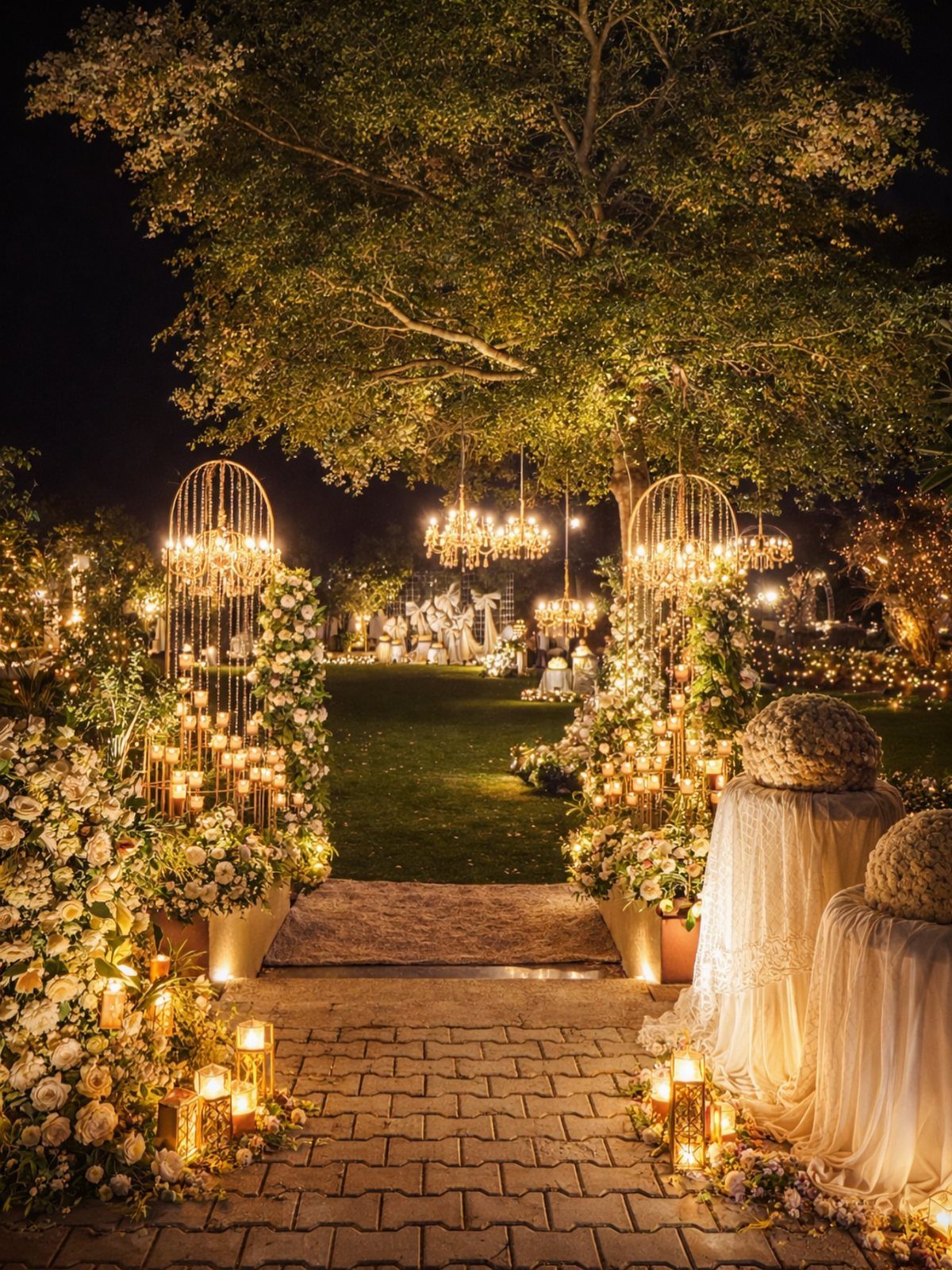 Glowing lanterns and floral arrangements line a paved walkway leading toward a garden wedding ceremony area.