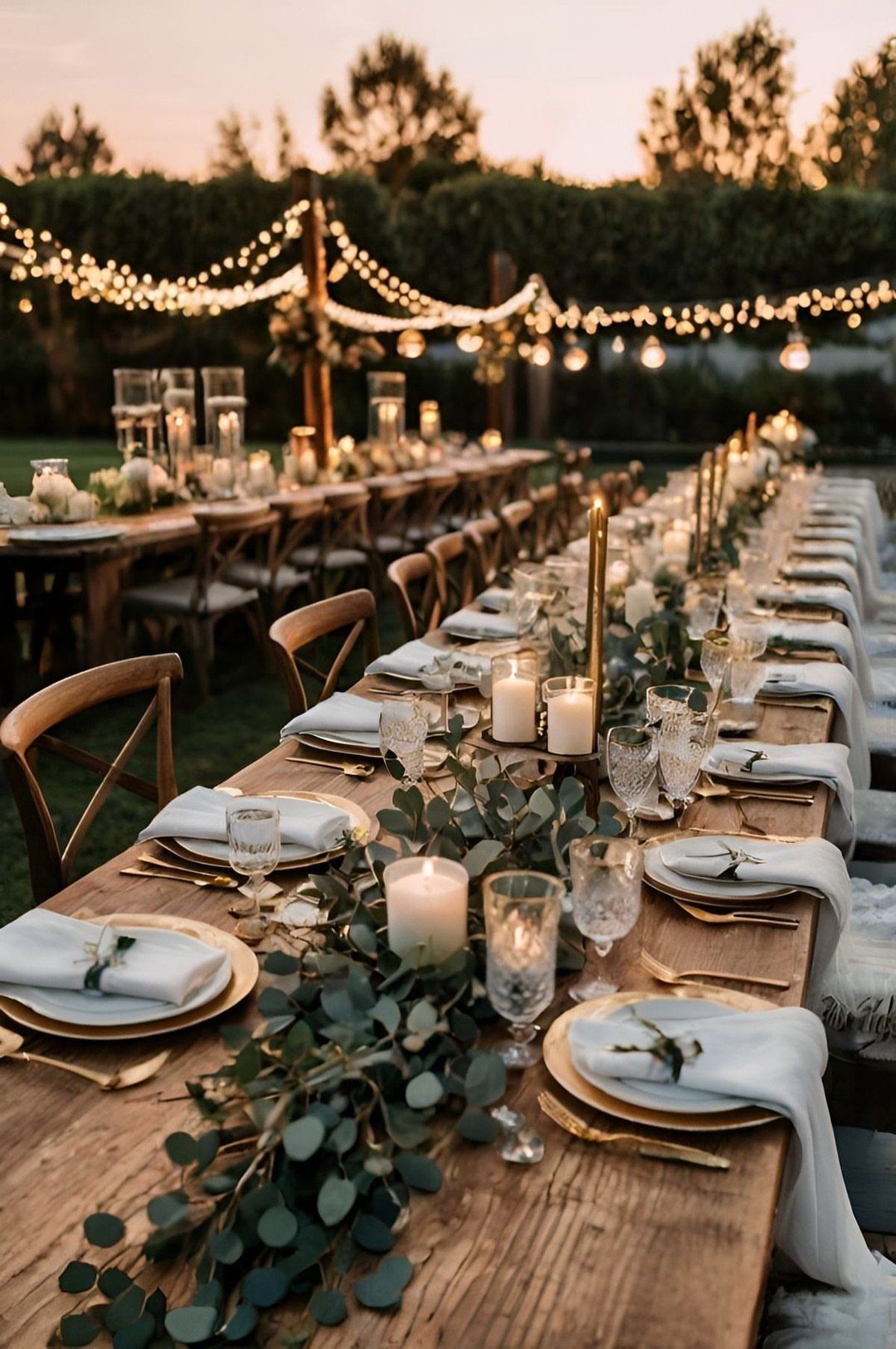 Long wooden wedding tables decorated with eucalyptus, white candles, and elegant place settings outdoors.