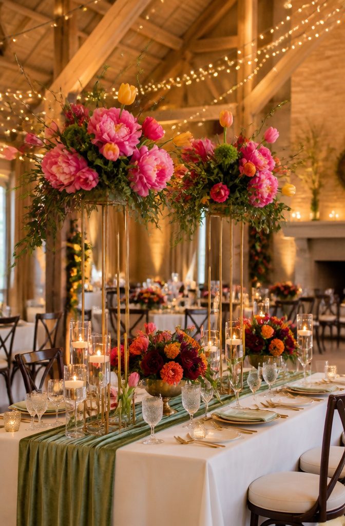 10 Reception Decor Ideas for Every Wedding Style in 2026 1 Tall floral arrangements with peonies and tulips on reception tables.