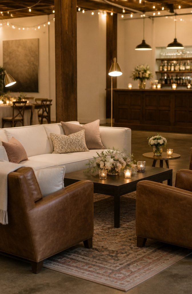 10 Reception Decor Ideas for Every Wedding Style in 2026 7 Lounge area with sofas, armchairs, and floral arrangements at a reception.