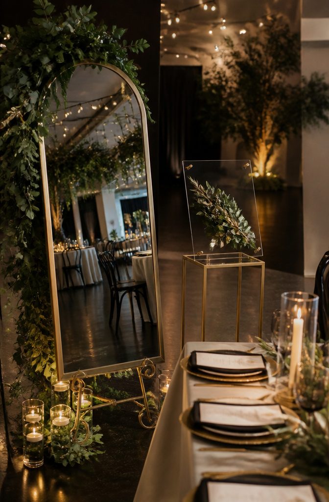 10 Reception Decor Ideas for Every Wedding Style in 2026 6 Mirror seating chart displayed at a wedding reception.