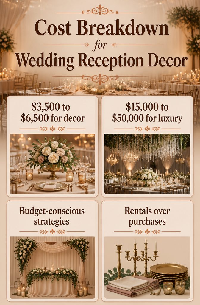 10 Reception Decor Ideas for Every Wedding Style in 2026 13 Cost breakdown graphic for wedding reception decor.