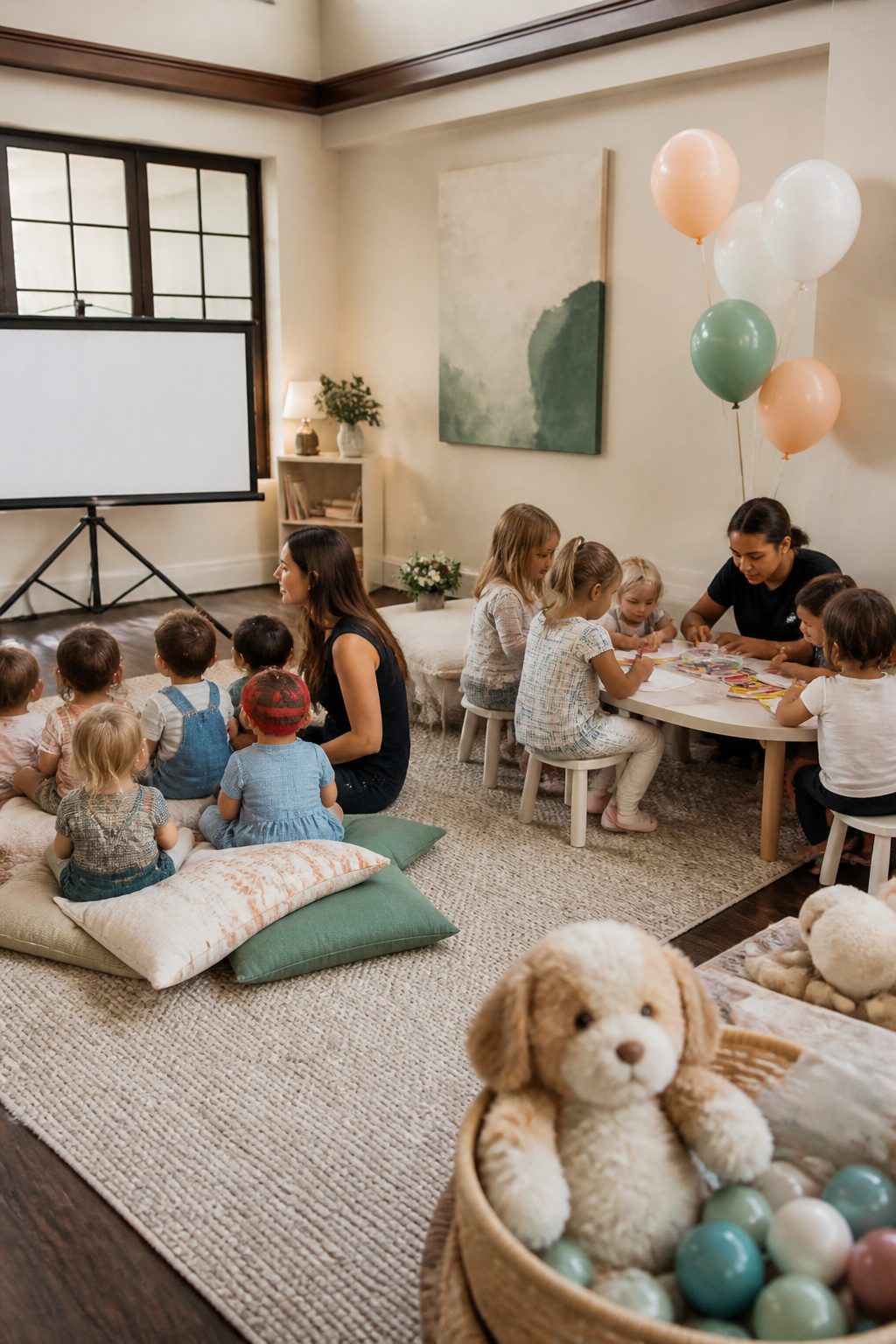 Kids' area at a wedding reception with activities and a movie.