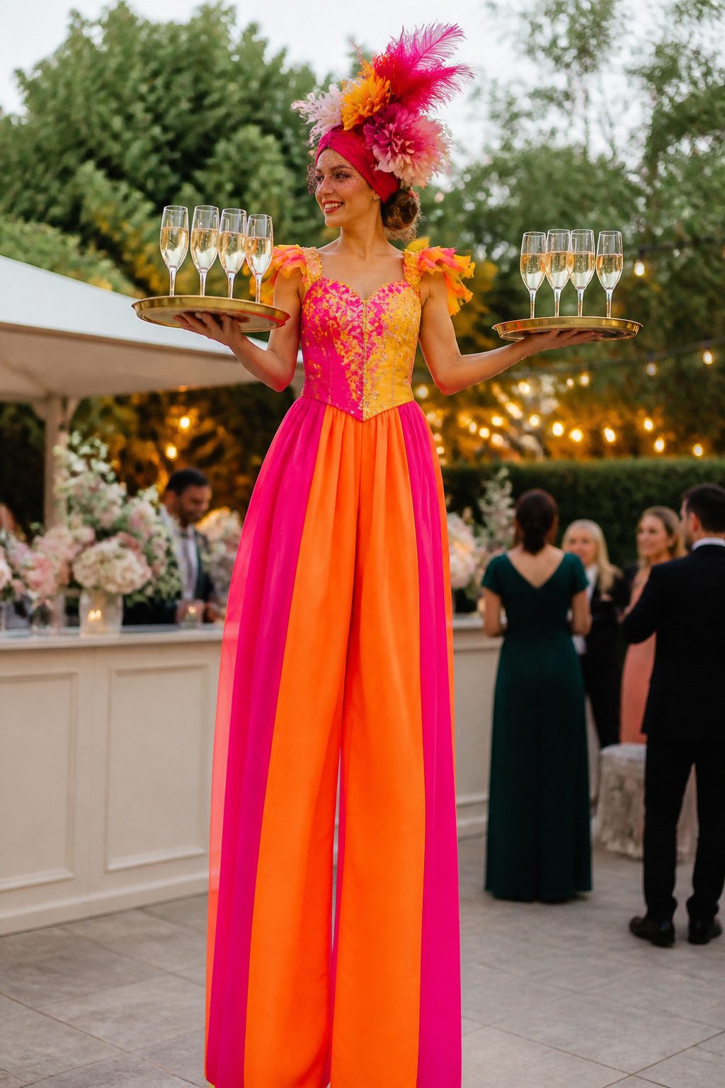 Stilt walkers pouring drinks during a wedding cocktail hour.