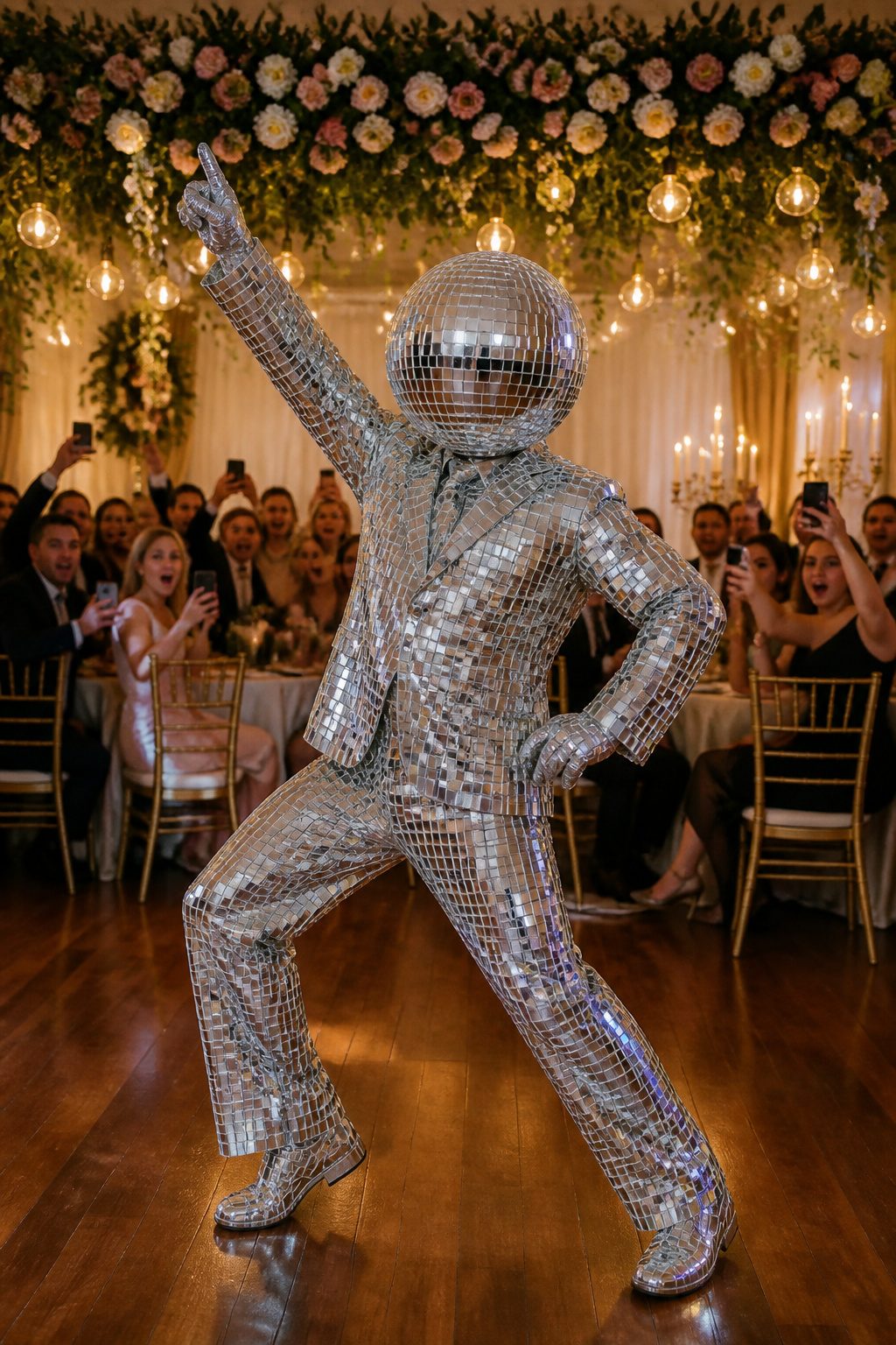 Guests performing a flash mob dance at a wedding.