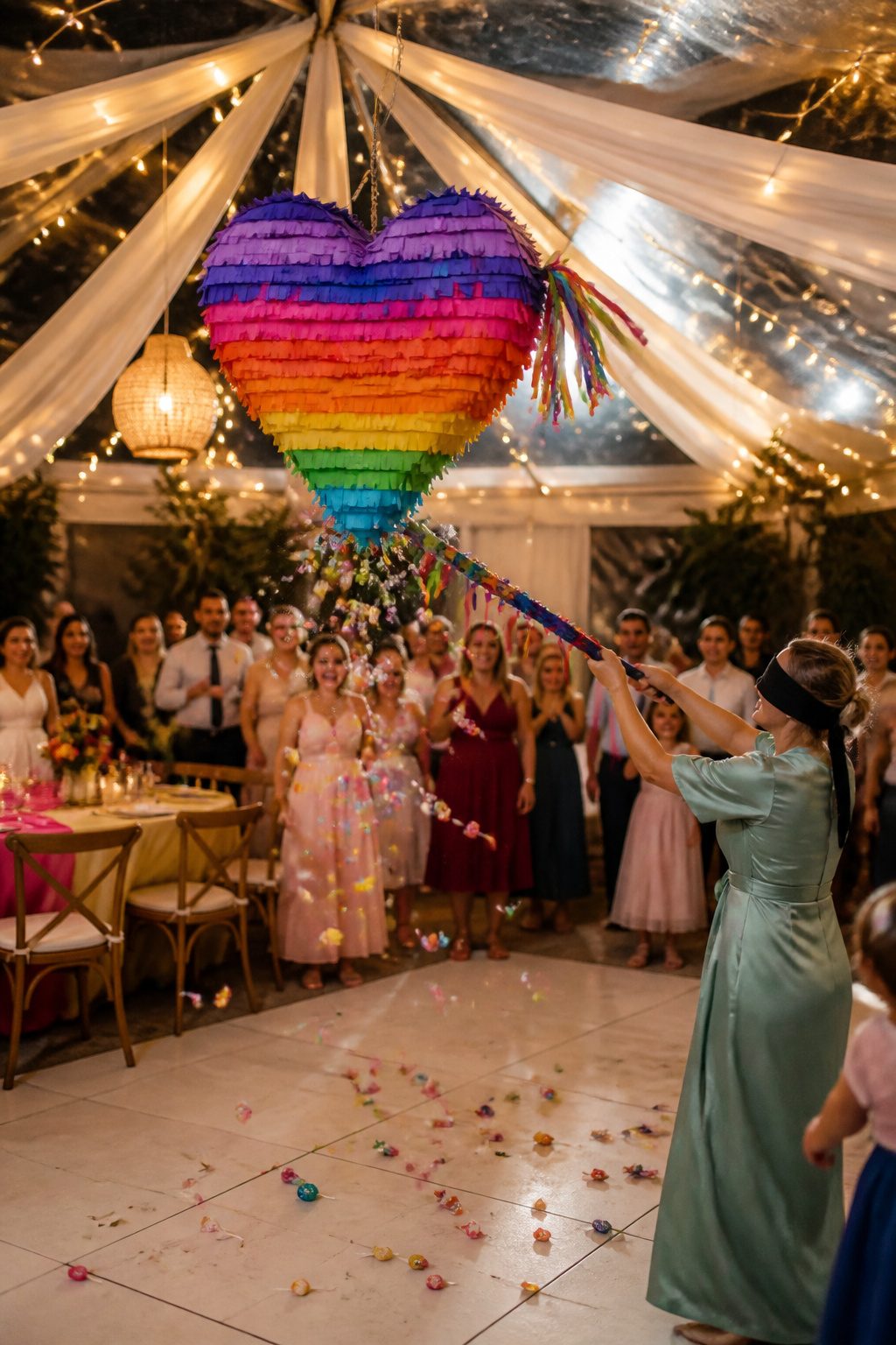 Colorful heart-shaped piñata above a dance floor at a wedding.