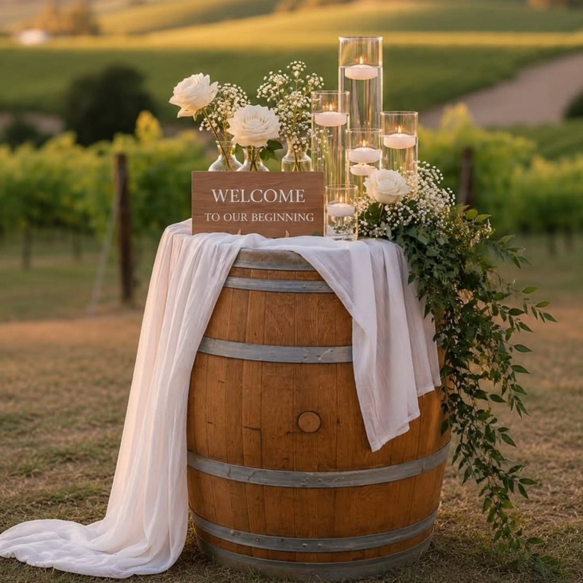 A decorated wine barrel with white flowers and candles set in a sunny vineyard.