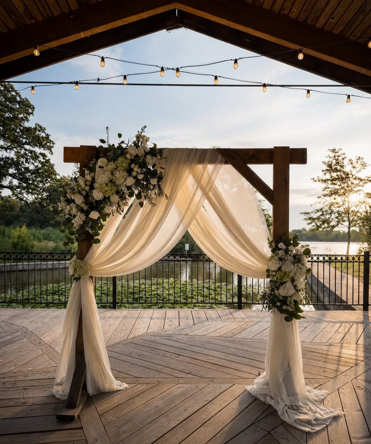 A wooden wedding arch with white fabric and floral arrangements on a wooden deck.