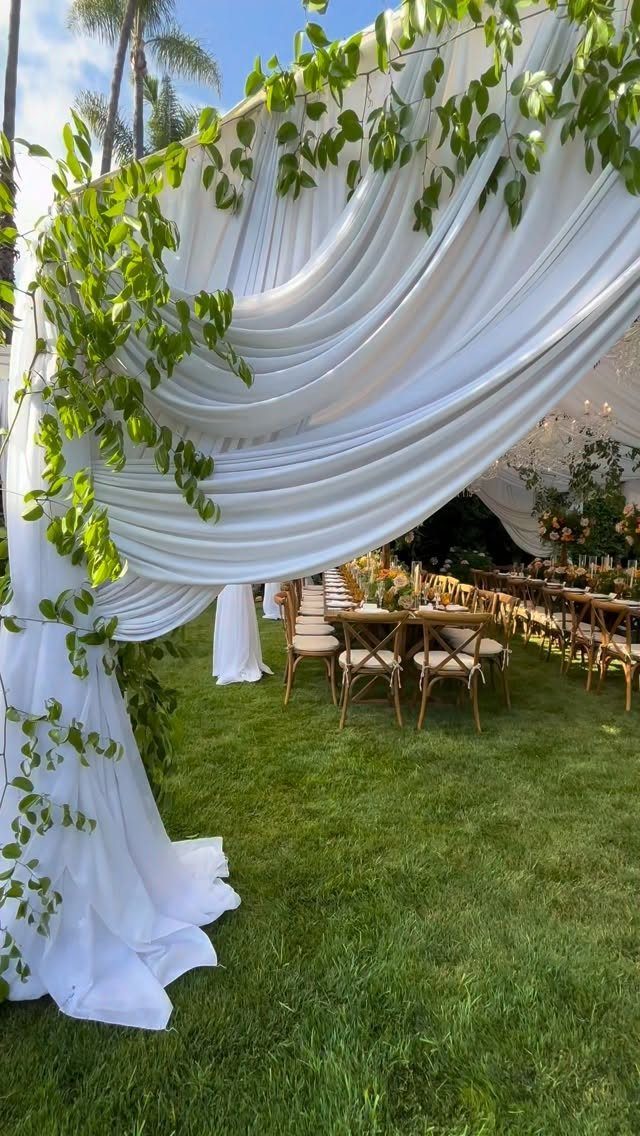Simple Garden Wedding Reception Outdoor: 14 Stylish Ideas to Copy 5 White fabric drapes and green vines hang over an outdoor wedding reception on a green lawn.
