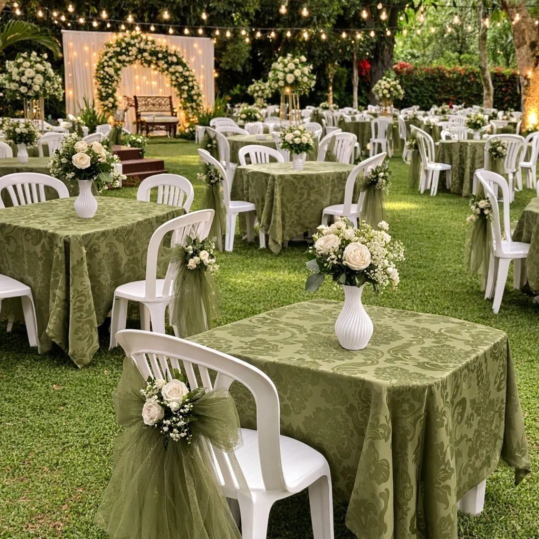 Simple Garden Wedding Reception Outdoor: 14 Stylish Ideas to Copy 14 Green patterned tablecloths and white floral centerpieces on tables at an outdoor garden wedding reception.
