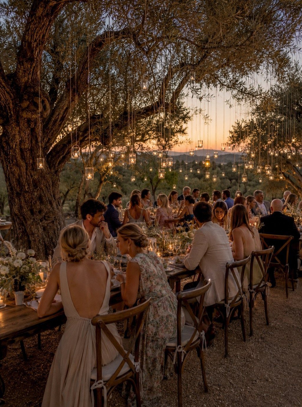 Simple Garden Wedding Reception Outdoor: 14 Stylish Ideas to Copy 10 Guests dining at long tables under olive trees with hanging glass lanterns at sunset.