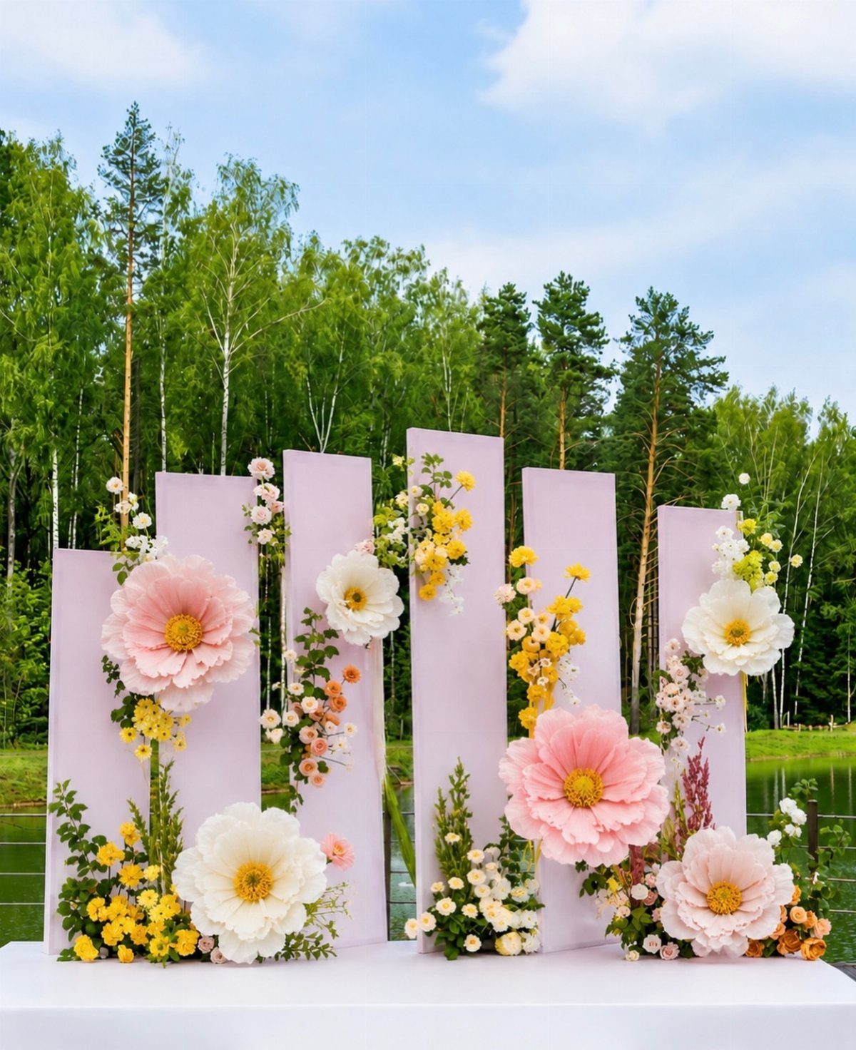 Simple Garden Wedding Reception Outdoor: 14 Stylish Ideas to Copy 4 Large pink and white crepe paper flowers attached to tall purple panels in an outdoor setting.