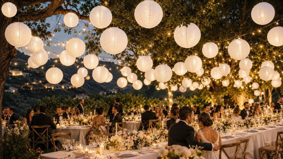 Simple Garden Wedding Reception Outdoor: 14 Stylish Ideas to Copy 9 White paper lanterns and string lights hang over guests at an outdoor wedding reception dinner.