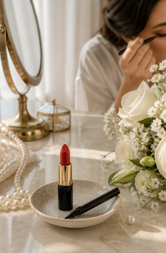 Simple Makeup Pictures: 11 Ideas for Everyday Looks (2026) 2 Model with winged eyeliner and matte lipstick at a vanity.