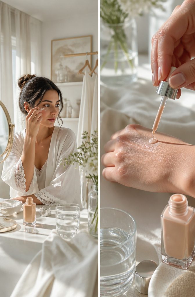 Simple Makeup Pictures: 11 Ideas for Everyday Looks (2026) 11 Model applying moisturizer and skincare products on a marble countertop.