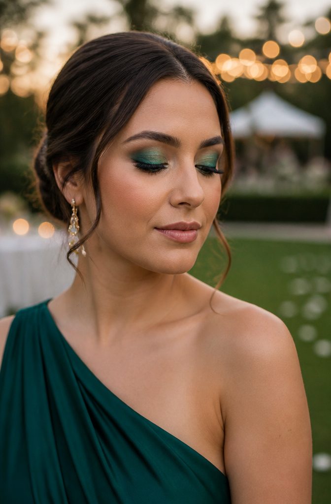 Simple Makeup Pictures: 11 Ideas for Everyday Looks (2026) 6 Model with emerald eyeshadow and neutral makeup in evening light.