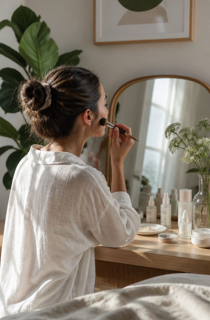 Simple Makeup Pictures: 11 Ideas for Everyday Looks (2026) 15 Model applying tinted moisturizer in a bright, inviting room.